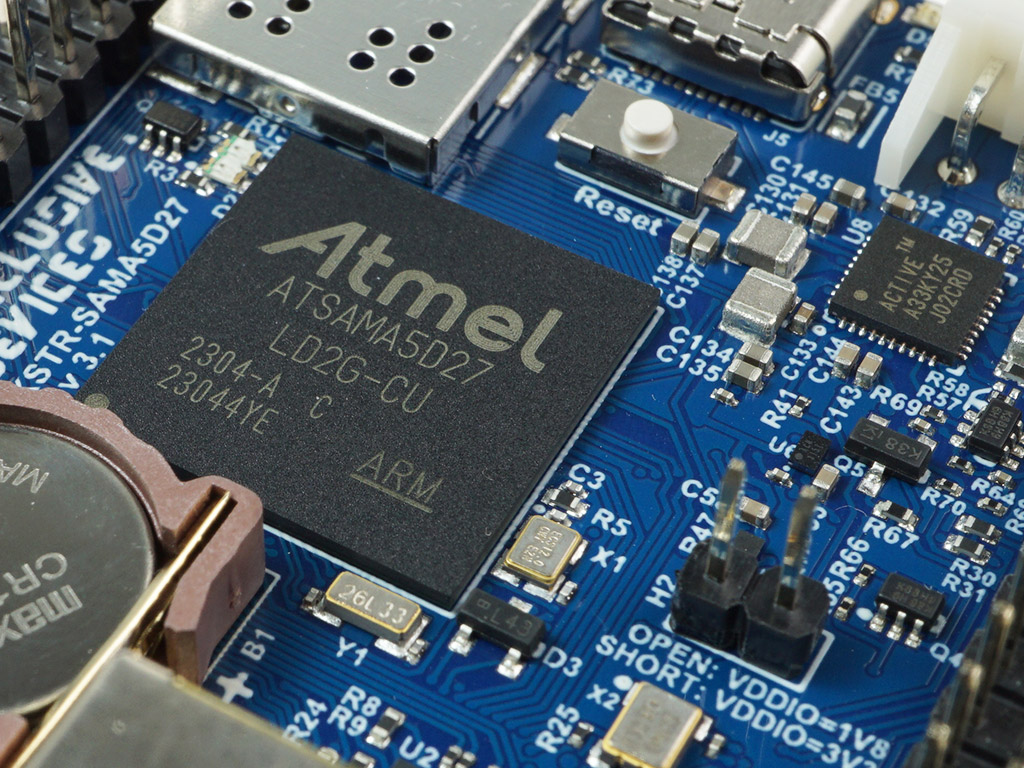 Close-up view of Atmel processor on KSTR-SAMA5D27 Single Board Computer